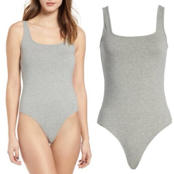 NEW Nordstrom Grey Square Neck Bodysuit BP Size Large Thong Bottom Heather Sleek - Picture 2 of 8